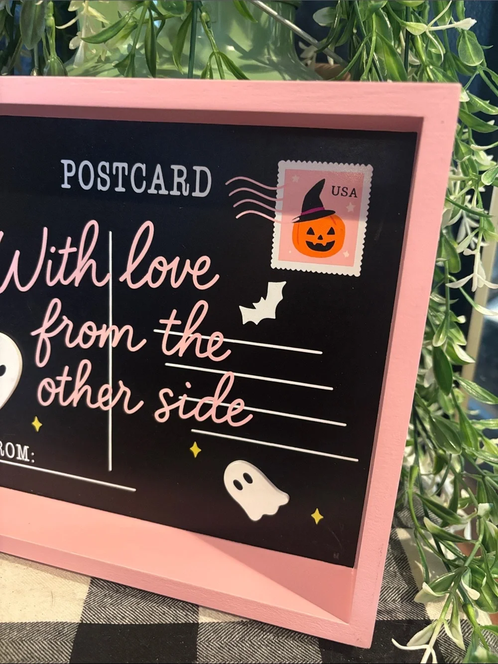 Halloween 'With Love From The Other Side' Decorative Postcard Sign - Pink Frame